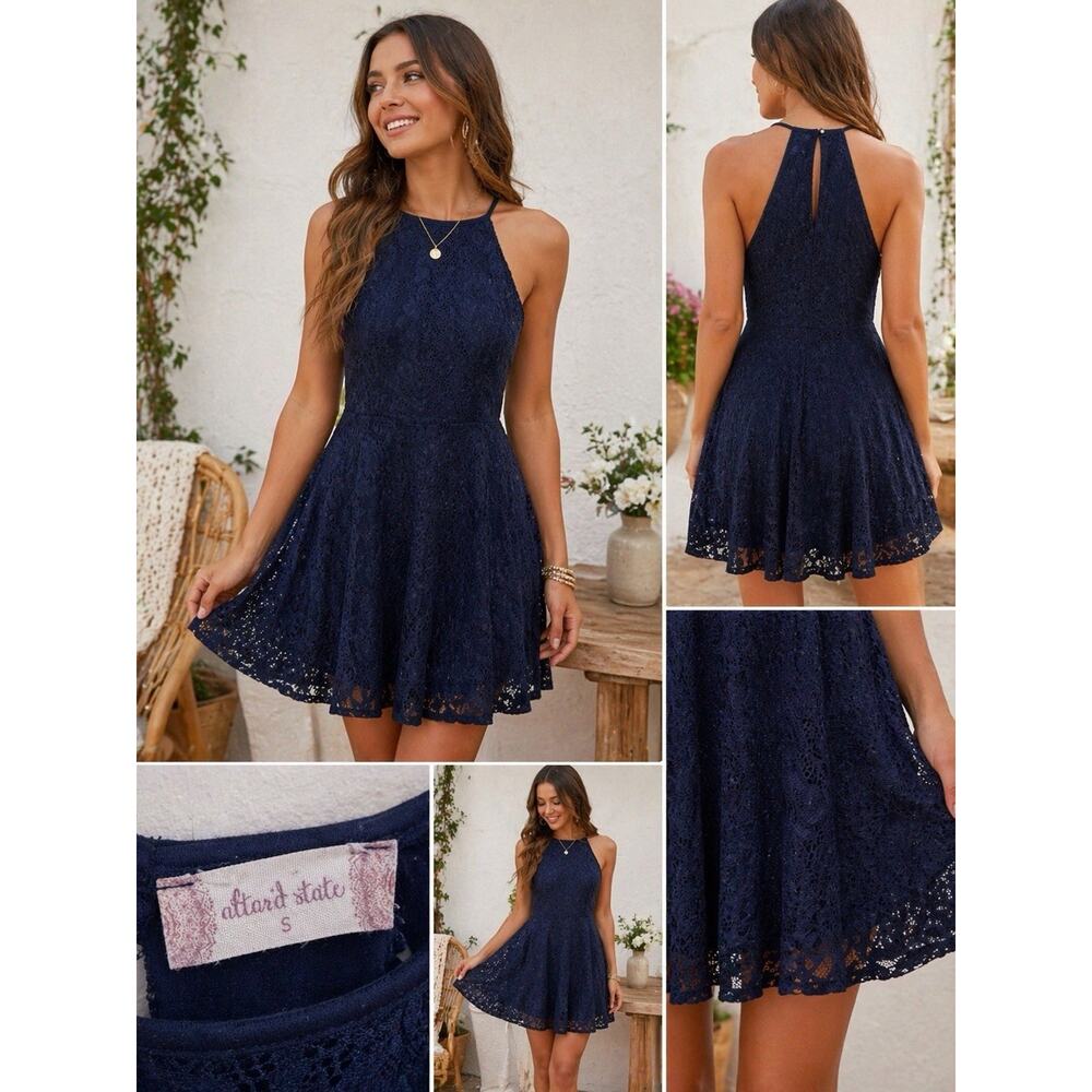 Altar’d State Navy Lace Halter Dress Fit Flare Skater Lined Boho Mini Women’s S